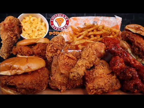 (ASMR NO TALKING) Popeyes Chicken Sandwiches, Chicken Thighs & Drumsticks, Macaroni, and Cajun Fries