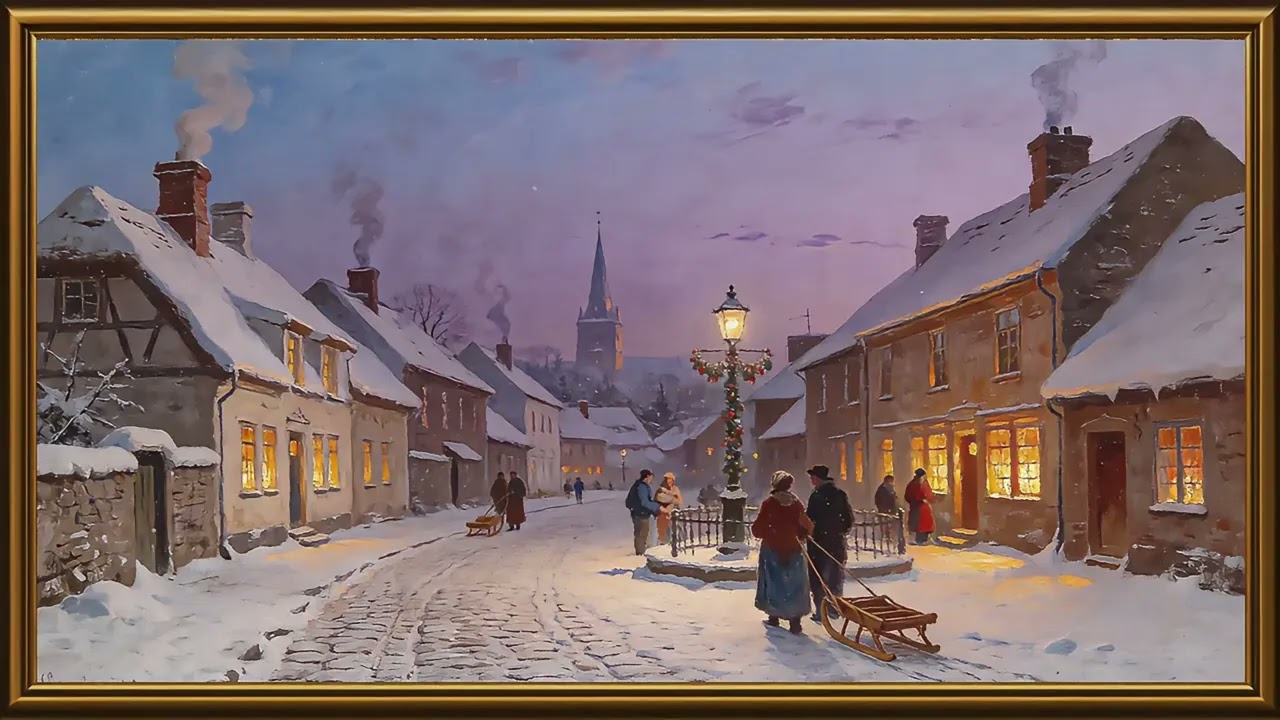 Vintage Winter Village Street Art | Framed TV Screensaver 4K | Cozy Cobblestone Twilight