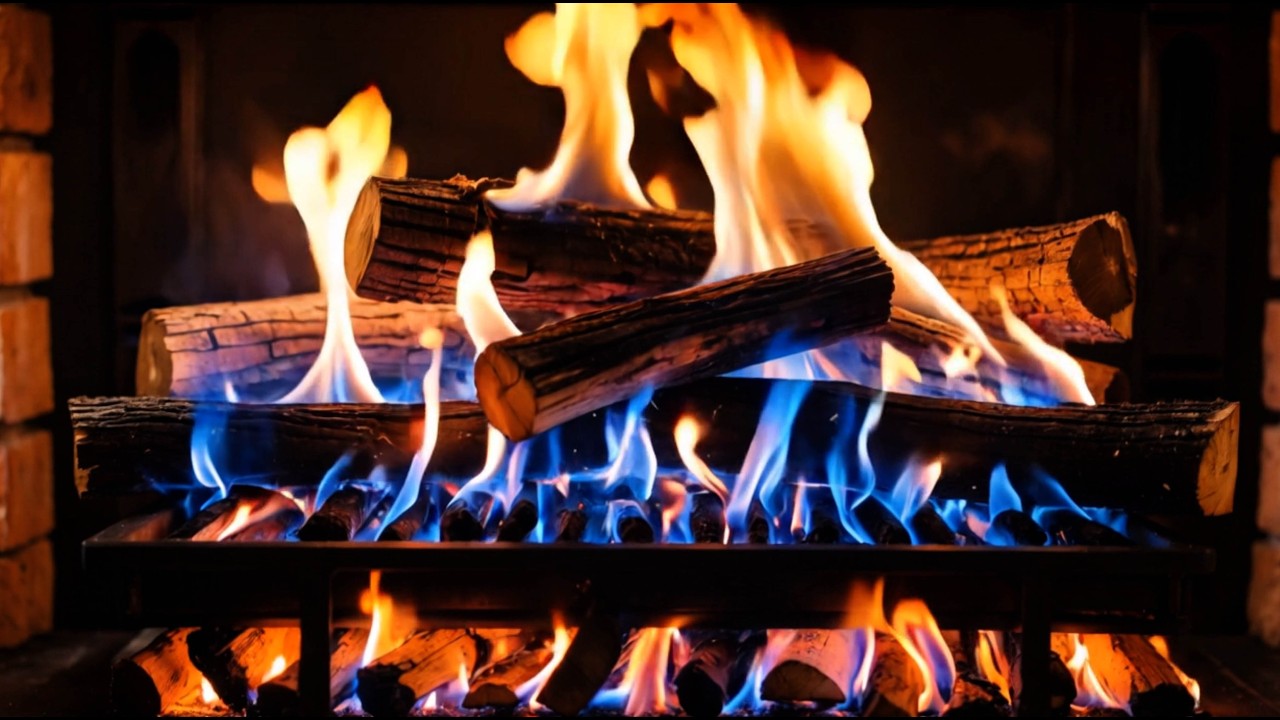 🔥 Warm Cozy Fireplace 4K with Blue Base Flames, and Glowing Logs and Crackling Fire Sounds