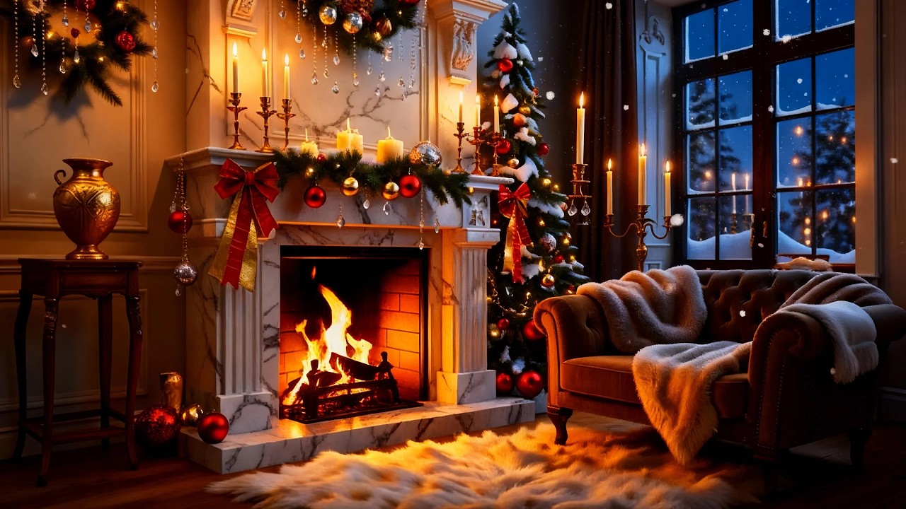 Gentle Christmas Ambience 🎄 Falling Snow Outside Window ❄️ Warm Fireplace Glow 🔥
