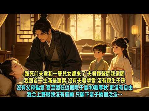 臨死前夫君和一雙兒女都來了 夫君輕聲問我遺願我回首一生滿是蕭索 沒有夫君摯愛 沒有親生子孫沒有父母偏愛 甚至困在這個院子裏40載春秋 更沒有自由我合上雙眼…#爽文#古言#打臉#小說