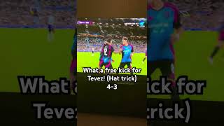 Tevez with a great free kick goal and hat trick 4-3!