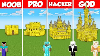 GOLD CASTLE BASE HOUSE BUILD CHALLENGE - Minecraft Battle: NOOB vs PRO vs HACKER vs GOD / Animation