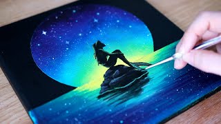 Acrylic painting | Moonlight Little Mermaid | Black Canvas Painting Tutorial for beginners #90