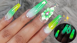 NEON GREEN AND YELLOW NAIL DESIGN 3-TONE OMBRE EFFECT GLOW IN THE DARK