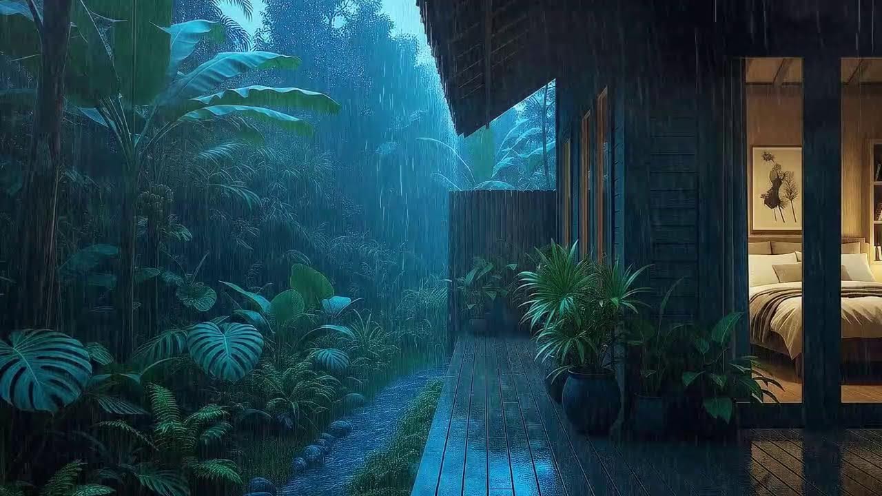 Calming Drizzle To Sleep Deeper In Tropical Cozy Lodge 🌧️