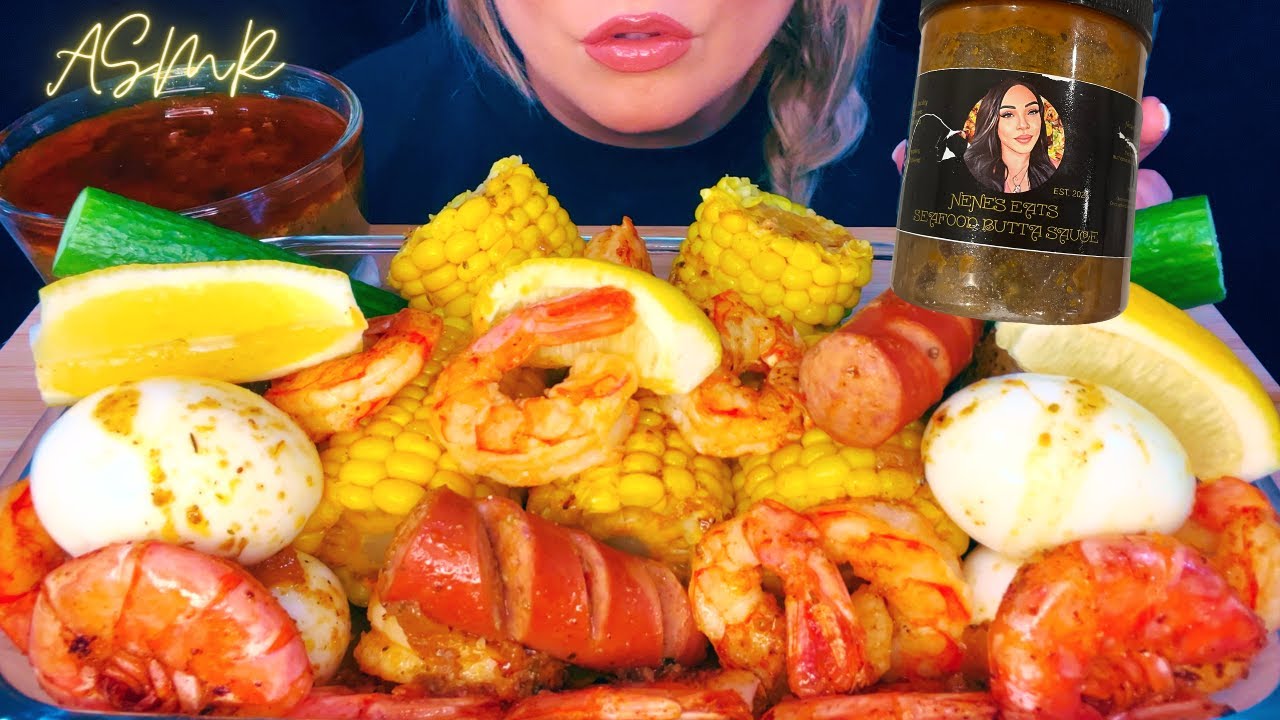 ASMR SEAFOOD BOIL SHRIMP & BOILED EGGS MUKBANG W/nenesmunchies BUTTA