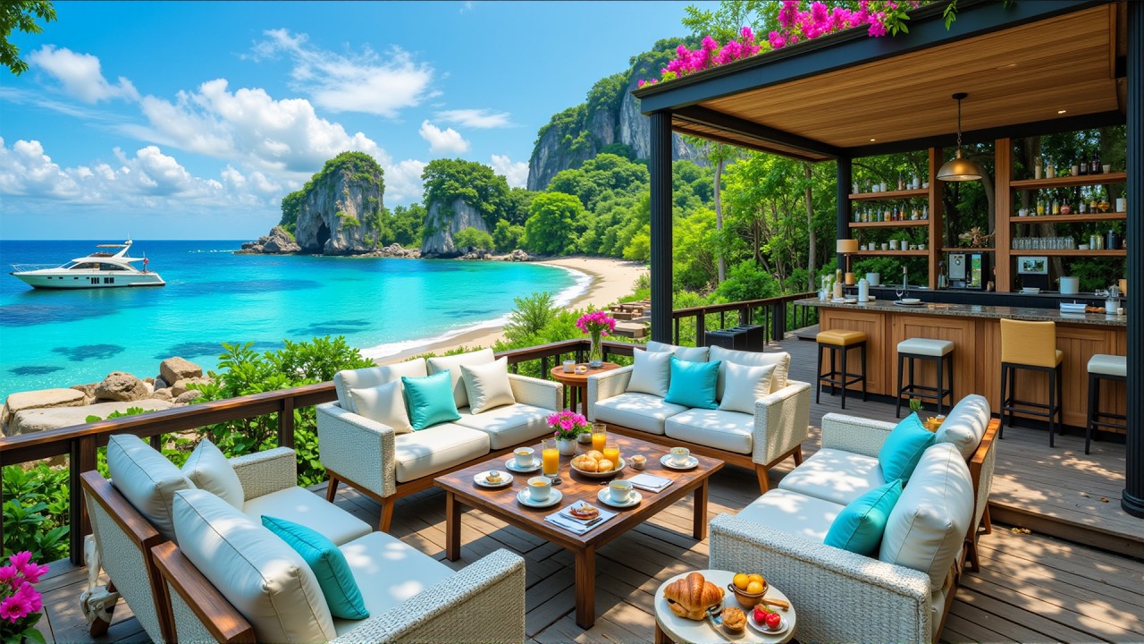 Summer Bossa Nova Jazz Music at Beach Cafe Ambience with Calming Ocean Waves for Relax, Work, Study