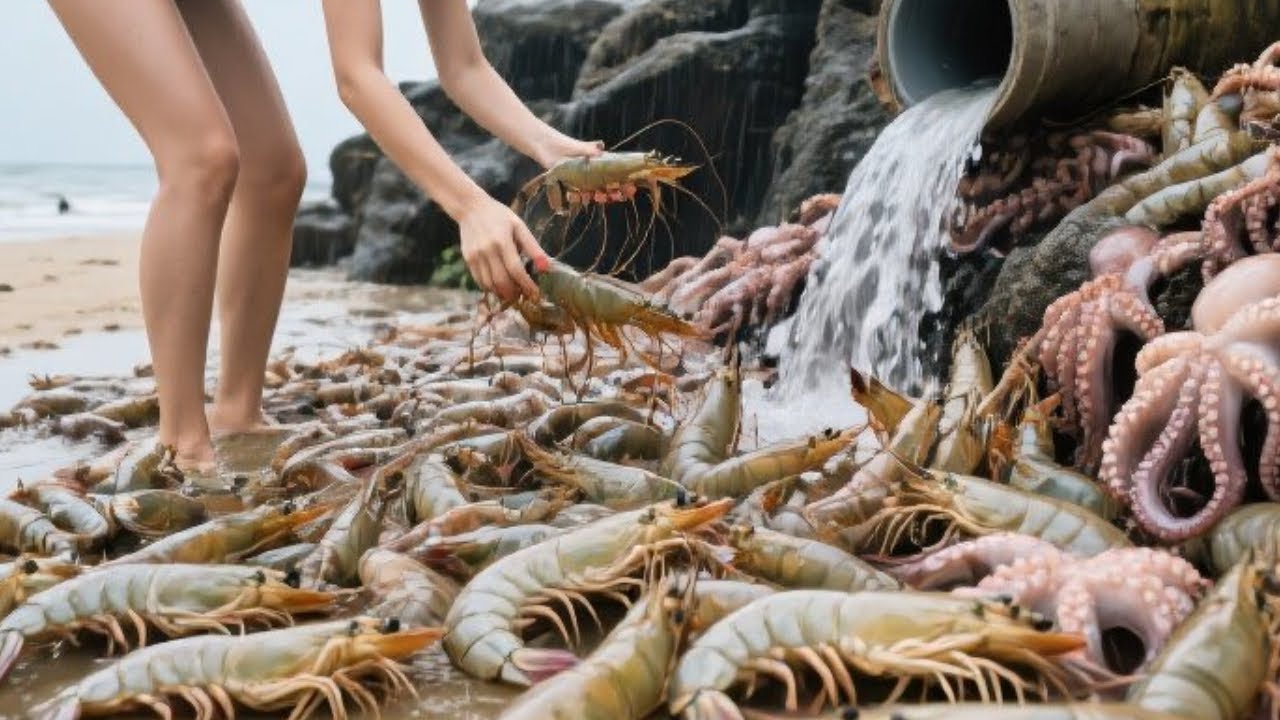 【English sub】台风即将来袭，小章赶海在海滩上发现成堆大虾上百只，下一秒竟在管道旁和龙虾捉迷藏【赶海小章官方频道】