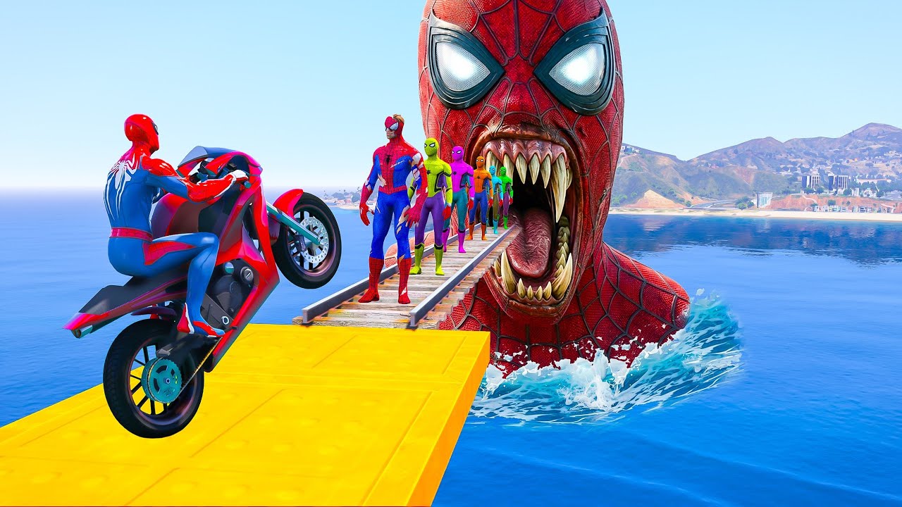 SPIDER MAN! 🏍️on Motorcycle in Spiral Bridge Stunt Ride Superheroes on ...