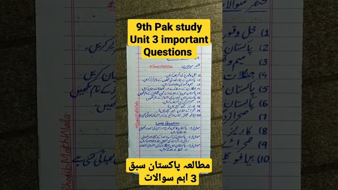 9th Pak study Unit 3 important Questions 