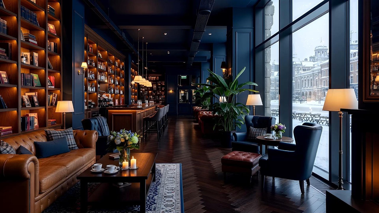 Calm Winter Jazz ~ Snowy Coffee Shop Ambience ☕ Warm Piano Jazz & Fireplace Sounds for Relax, Work