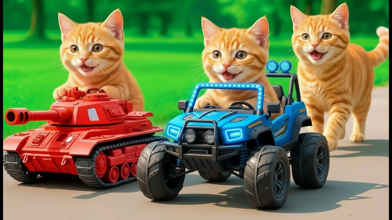 Kittens Drive Electric Tank & Power Jeep 🚓 on a Hero Mission to Rescue Mama Cat from a Bully! 🐱💥