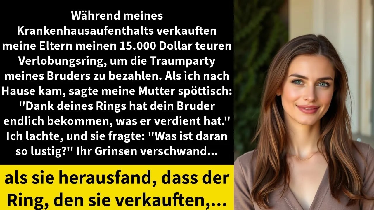 Mein eigener Ringfinger war das Erste, was ich sah, als ich nach drei Wochen Krankenhaus die Tür meiner Eltern öffnete. Meine Mutter lächelte stolz und sagte: „Dank deines Rings hat dein Bruder...
