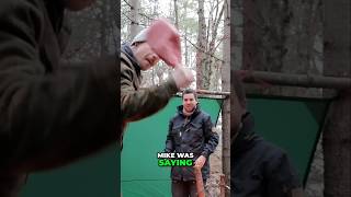Frozen Tomahawk Steak over the Fire at a Natural Shelter