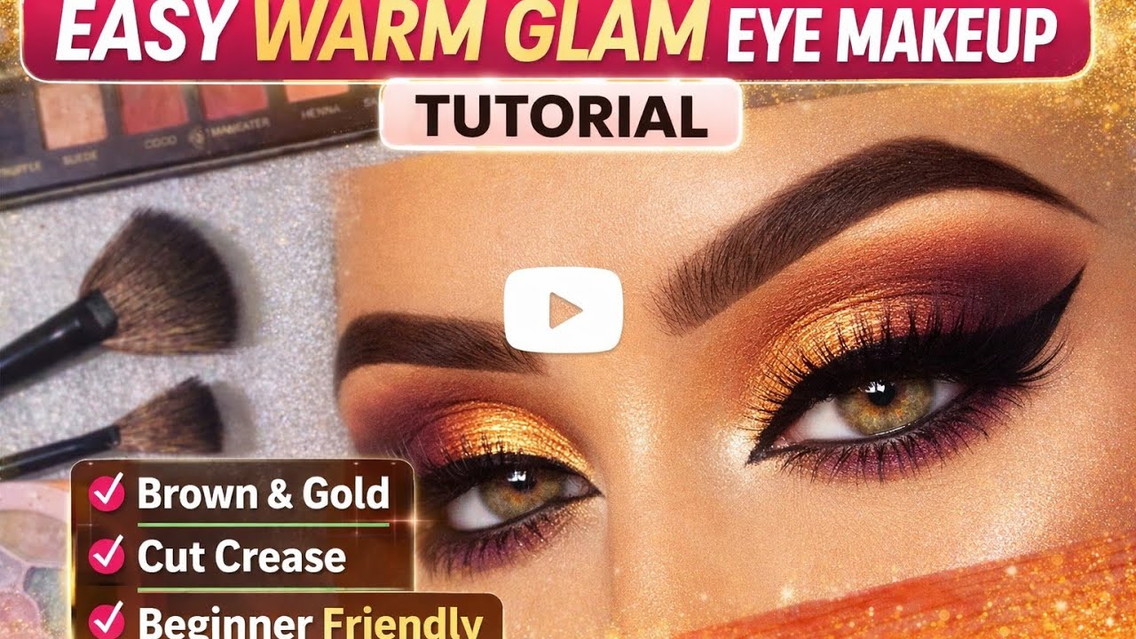 Easy Warm Glam Eye Makeup Tutorial | Brown & Gold Cut Crease | Beginner ...
