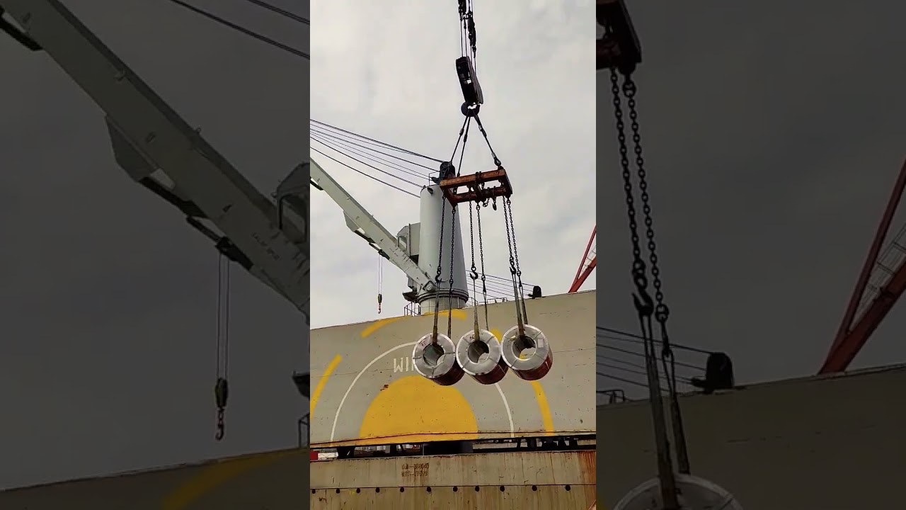 Loading of steel coils on general cargo ship 