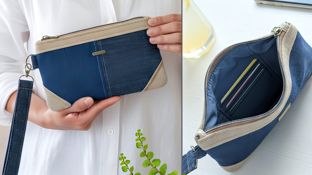 DIY Denim and Plain Wristlet Bag Out of Old Jeans' Leftover Fabric | Upcycled Craft | Bag Tutorial