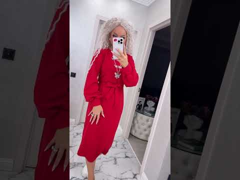 Нарядна класична жіноча сукня міді вечірня з довгим рукавом обтягуюча червона сукня з поясом, видео 4