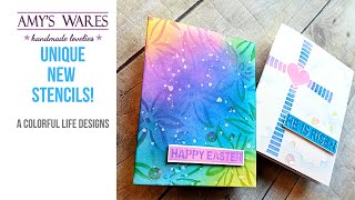 Quick & colorful! Clever new stencils from A Colorful Life Designs. Pretty Easter cards! NO STAMPING