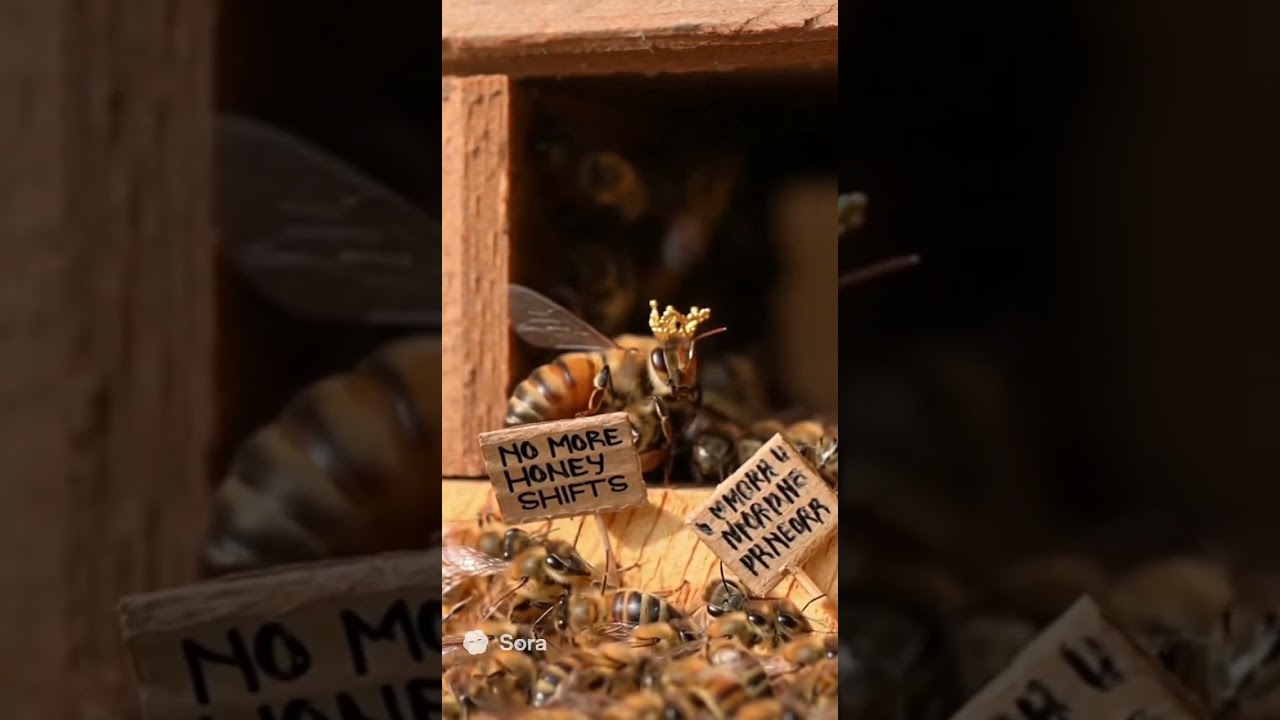 real bees holding tiny protest signs saying “No More Honey Shifts.”