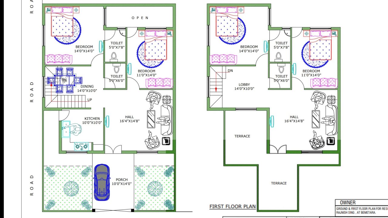 30 × 50 east face 4 bed room duplex house plan map naksha