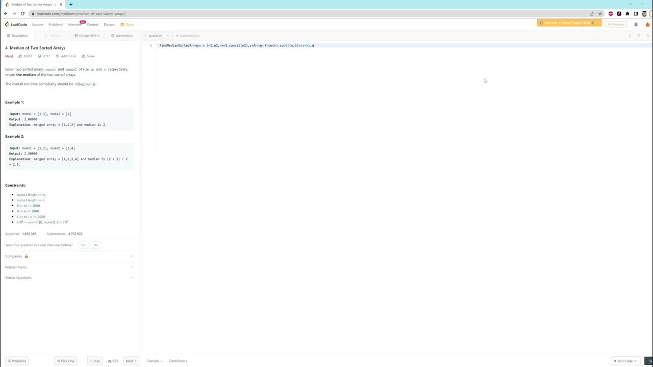 4 median of two sorted arrays javascript one line youtube