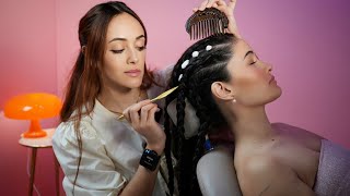 ASMR Scalp Check, Hair Oiling Dry Comb \u0026 Braiding | Hair Parting \u0026 Braid Hairstyling | Soft-Spoken