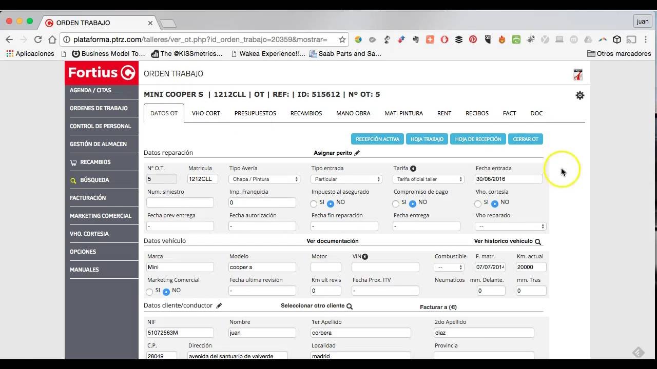 Abrir una orden de trabajo - Software de gestión de taller Fortius