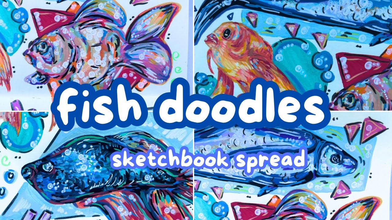 fish doodles! | draw with me | acrylic marker sketchbook spread