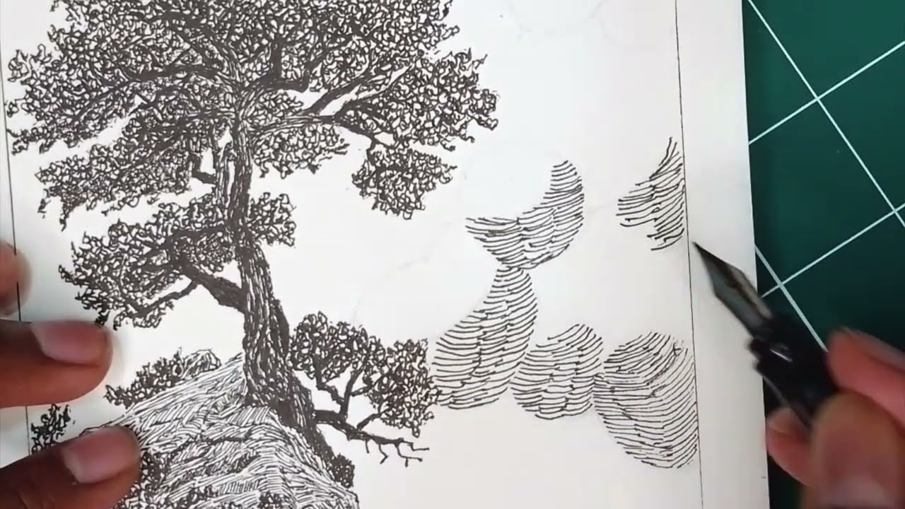 The Tree That Watched The Sky Fold - Pen & Ink Landscape Drawing