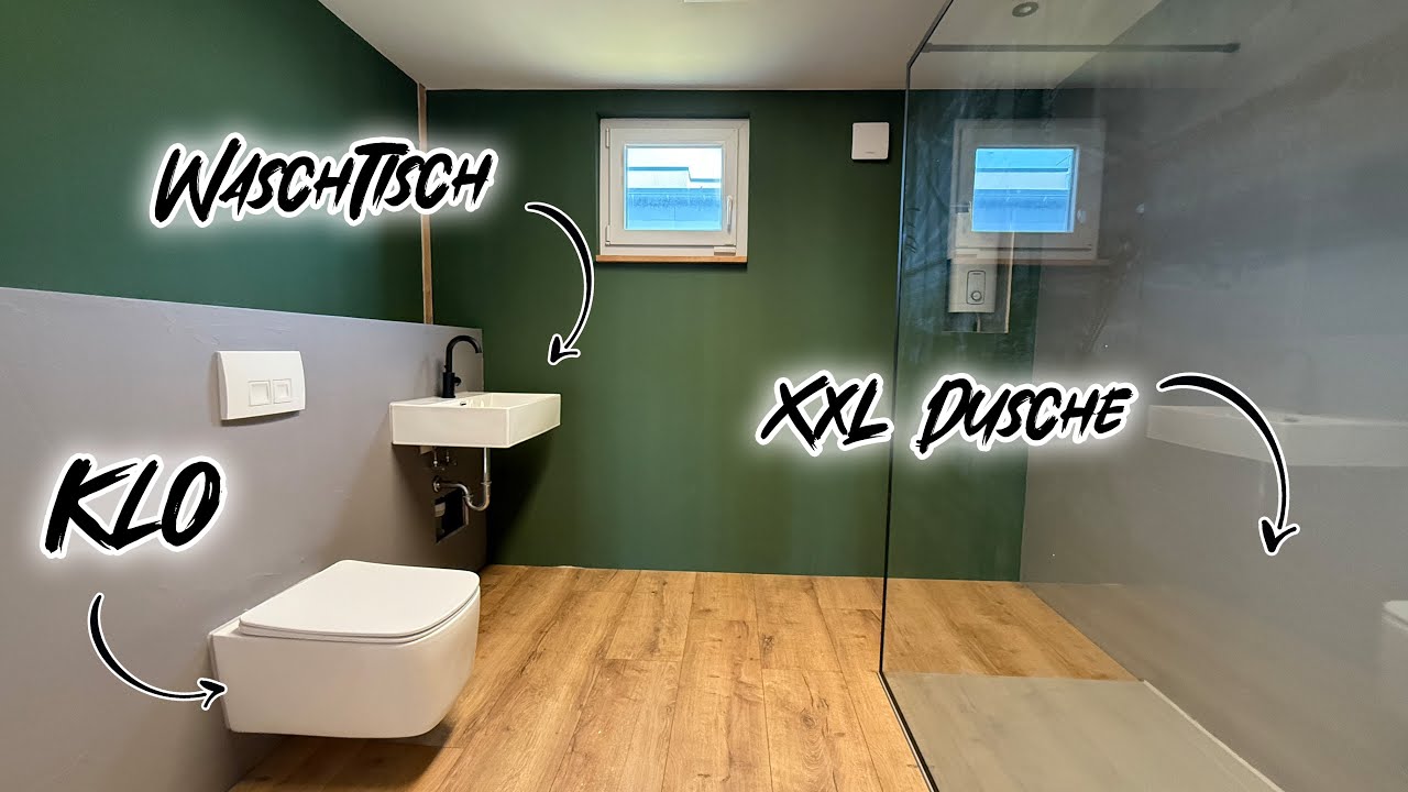 DAS ist unser selbstgebautes Badezimmer! WC, Waschtisch & XXL Dusche einbauen & anschließen!