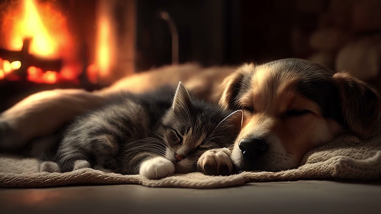 Cozy Fireplace Ambience: Dog, Cat, and Crackling Fire for Ultimate Relaxation