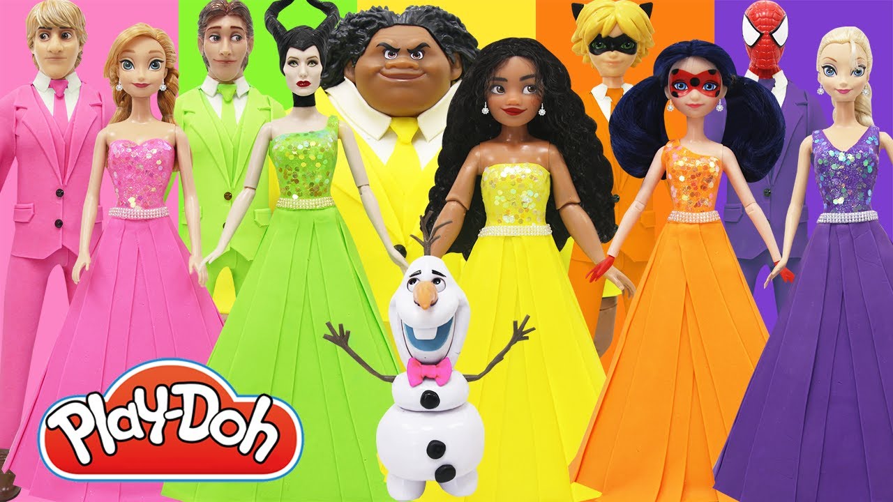 Play Doh Dresses Disney Princess Moana Elsa Anna Ladybug Maui Cat Noir Kristoff Spiderman Hans Olaf games people play