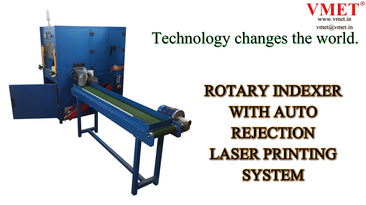 Rotary indexer with auto rejection laser printing system - YouTube