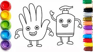 Simple And Easy Drawing Cute Hand Hand Sanitizer Coloring Page Hygiene Cartoon Characters