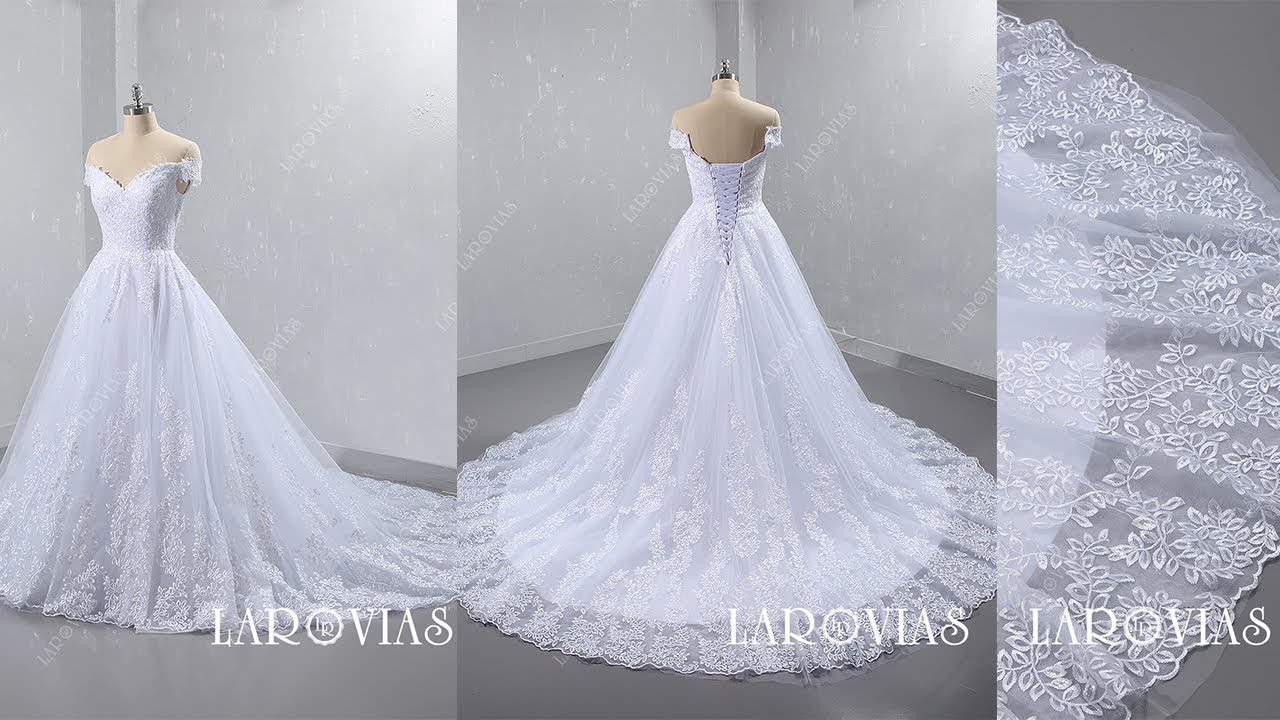 Off the Shoulder Lace and Tulle Wedding Dress Chapel Train LR062