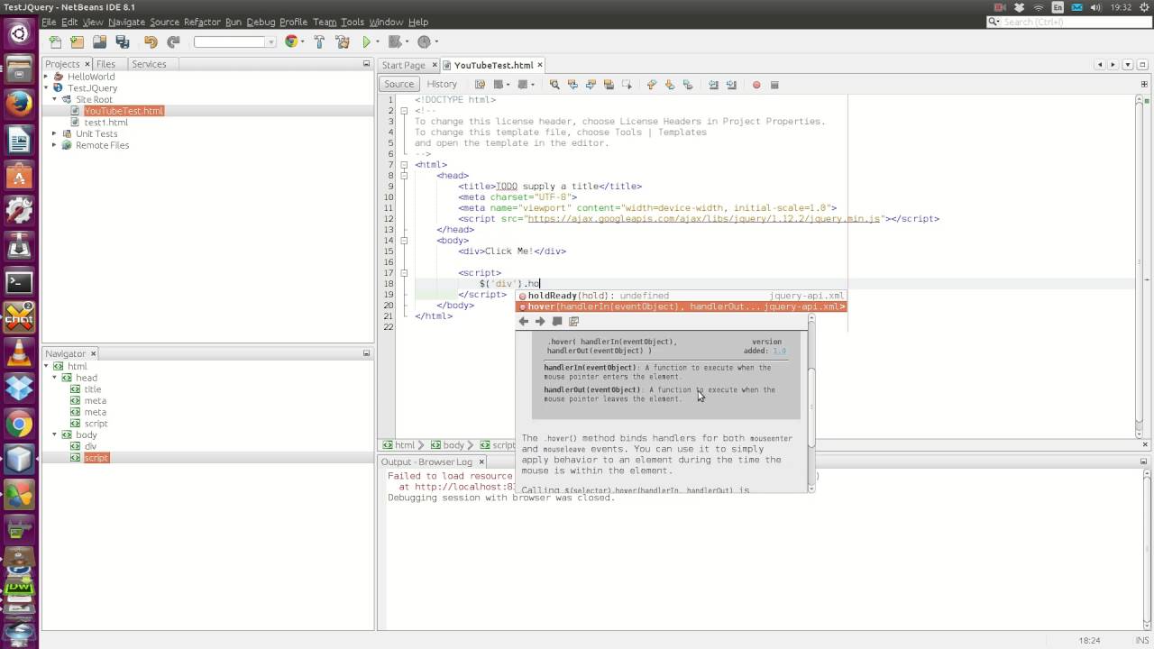 Netbeans IDE: Using jQuery's hover method and click method - YouTube