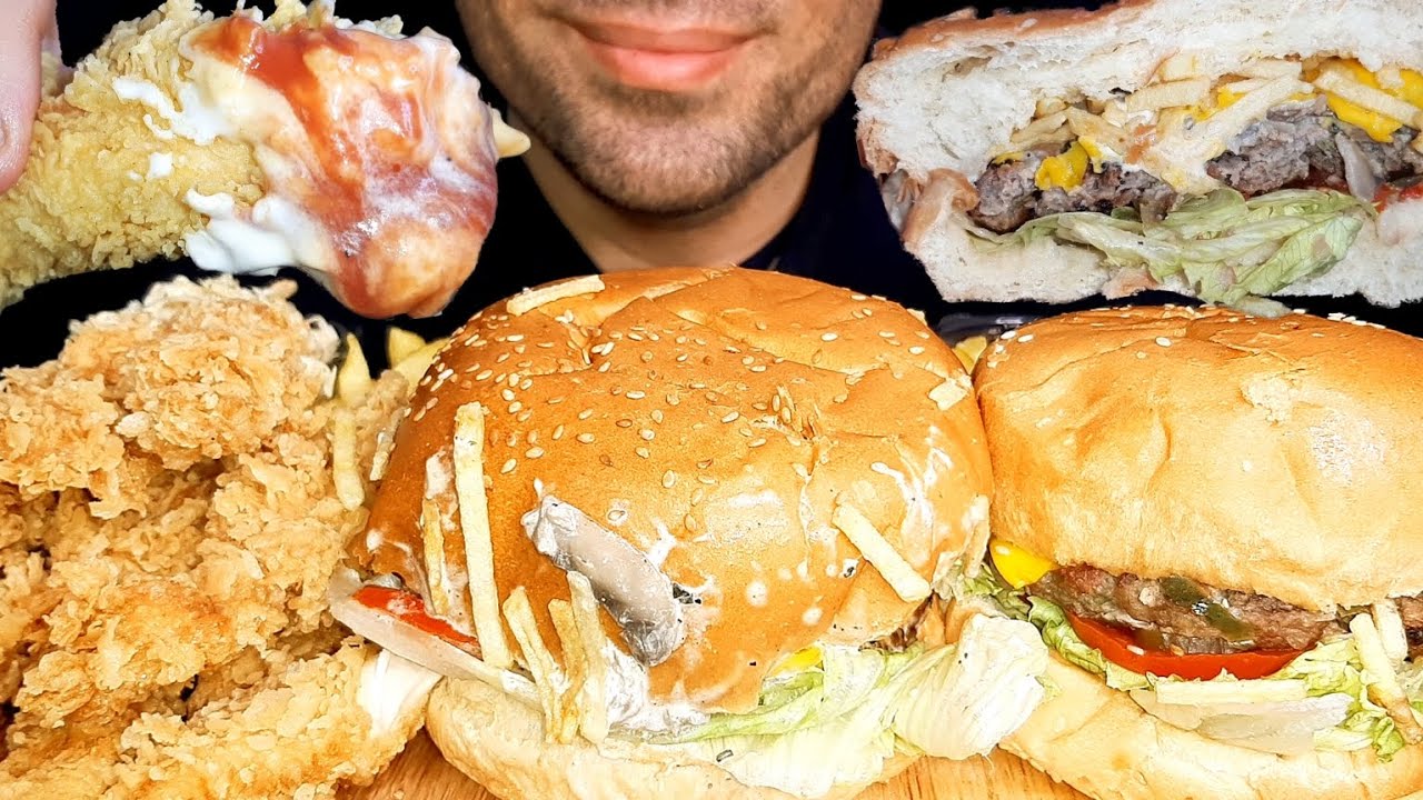 ASMR MUKBANG| CHEESEBURGER, FRIED CHICKEN, FRIES (EATING SOUNDS)| 먹방 | موکبانگ