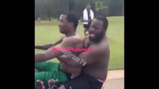 Meek Mill Rides Dirt Bike With Another Man On His Back At Rick Ross MMG Weekend Pool Party