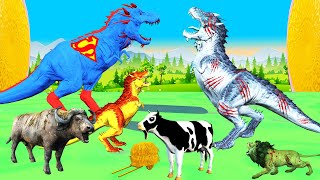 Giant super man dinosaurs fighting with Zombie lions, Zombie Dinosaur, Buffalo, Cow, animal fighting