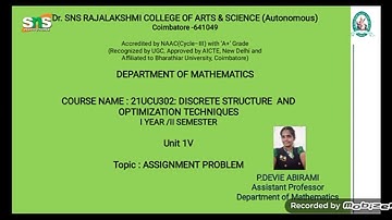 P.DEVIE ABIRAMI | ASSISTANT PROFESSOR | MATHEMATICS | ASSIGNMENT PROBLEM  | SNS INSTITUTIONS