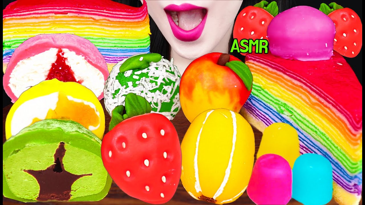 ASMR SWEET BEAN CAKE, FRUIT RICE CAKE, RAINBOW CREPE CAKE 과일 화과자, 딸기 찹쌀떡, 무지개 크레이프 케이크 먹방 MUKBANG