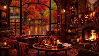 Candlelit Halloween Coffee Shop Jazz | Rainy Fall Street, Fireplace & Cozy Jazz Ambience screenshot 2