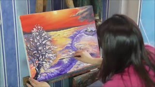 Пишем картину маслом,зимний пейзаж с домиком,яркий закат.Круглова Людмила Пишем картину маслом,зимний пейзаж с домиком,яркий закат.Круглова Людмила