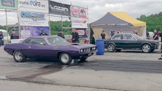 BMW 320i E30 2.8T vs '71 Plymouth Cuda 372cid 1/4 mile drag race