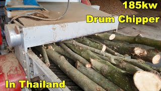 Drum chipper chipping wood logs and branches in Thailand
