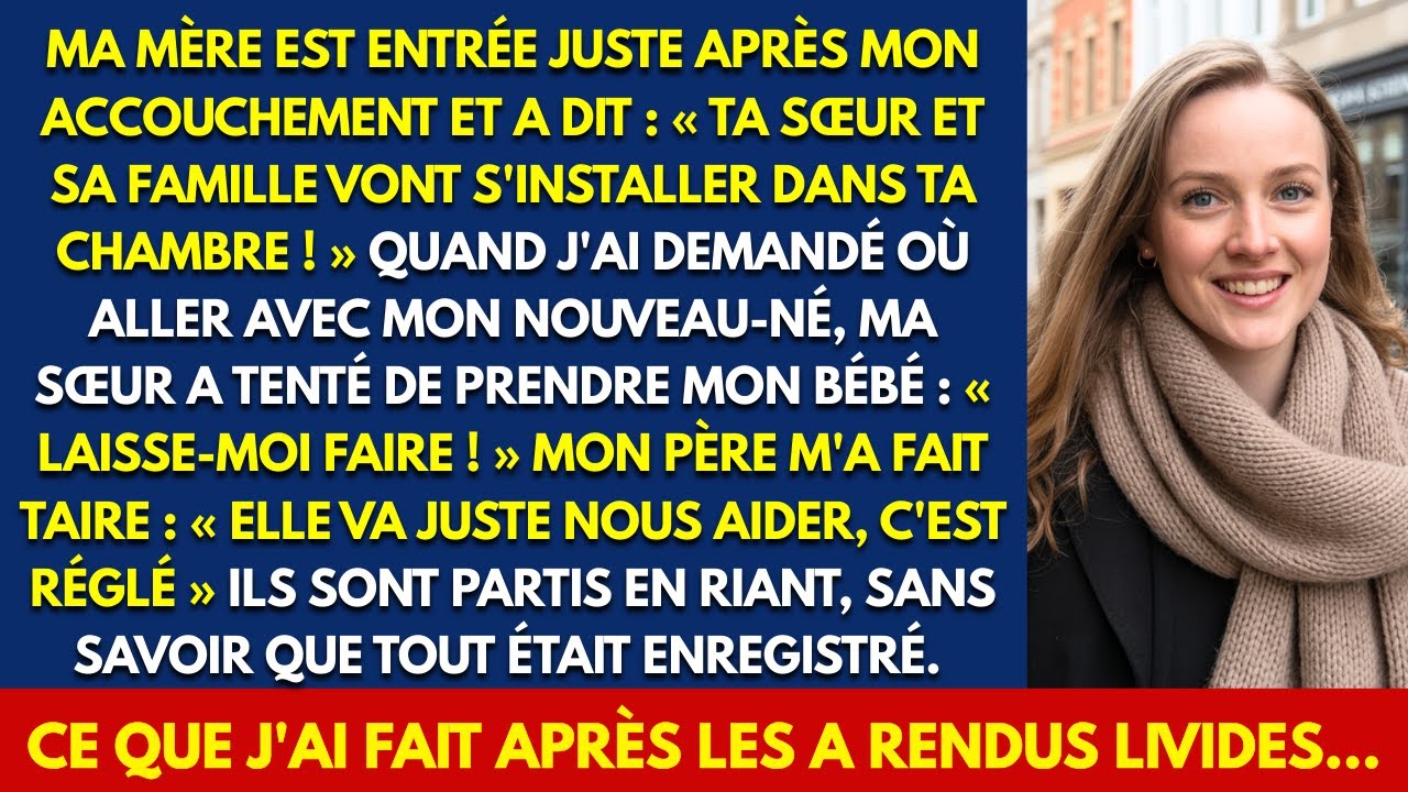 « Pose ce bébé, Sophie. Ta sœur a des droits sur cette maison, et c’est réglé. » Ces mots, ma mère les a prononcés pendant que l’infirmière vérifiait encore ma tension. J’avais accouché dix-huit...
