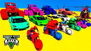 GTA V SPIDERMAN CRAZY CAR RACING ON MONSTER TRUCK!! SUPERHEROS CHALLENGE WITH SUPER CARS