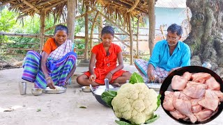 Cauliflower with Chicken curry cooking & eating by santali tribe family || chicken curry
